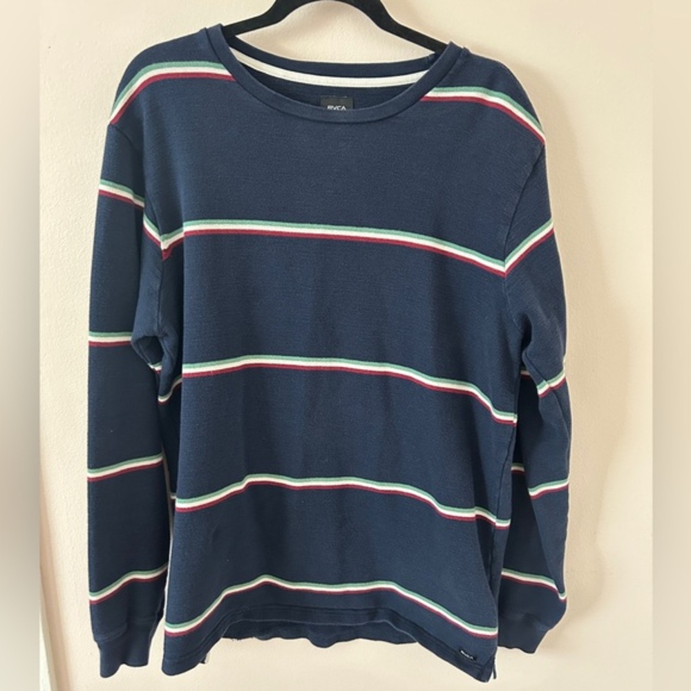 RVCA Men's Eventide Stripe Long Sleeve Sweater – Navy Blue‎ – Size L